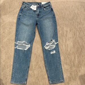 American Eagle Outfitters High Rise Blue Distressed Mom Jeans